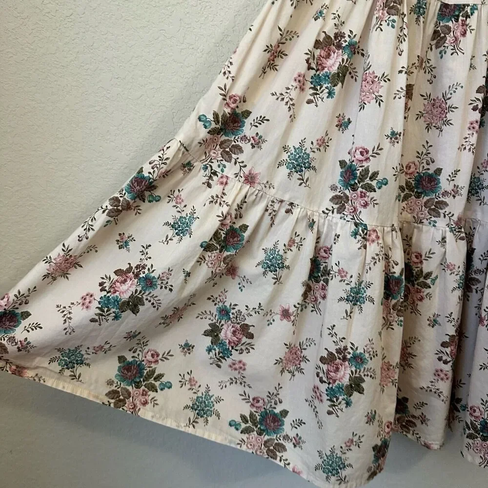 ANNA MASON Maxi Skirt Beige Floral Tiered Flare Cotton Peasant Fairy - Picture 5 of 11